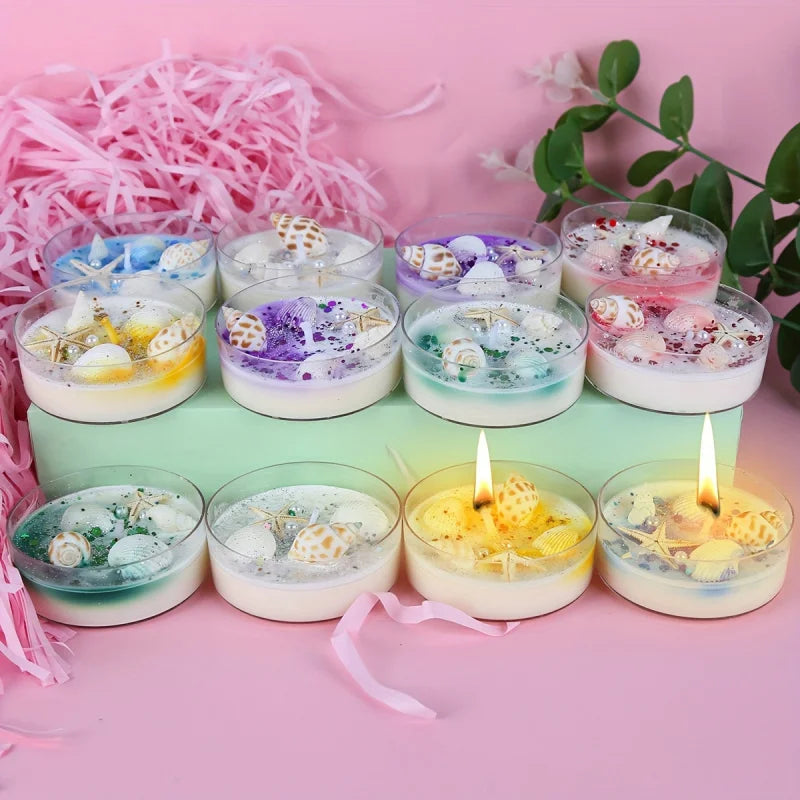 6 Piece Seashell Themed Scented Candle Gift Set with Pearl and Glitter Accents
