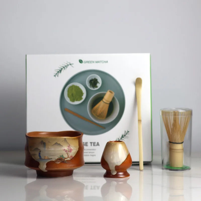 2025 Vintage Matcha Set 4pcs Ceramic Spout Bowl Whisk Bamboo Chasen - Your Ritual Hub 
