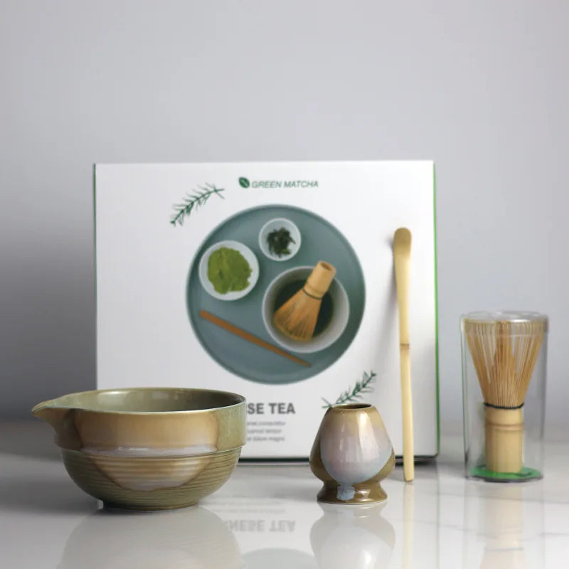 2025 Vintage Matcha Set 4pcs Ceramic Spout Bowl Whisk Bamboo Chasen - Your Ritual Hub 