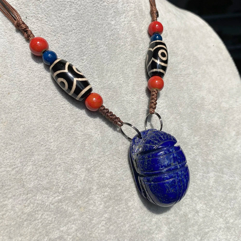 Lapis Lazuli Scarab Pendant Necklace with Hamsa Chain