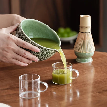 Japanese Matcha Set 2/5/6 Pieces - Green Pattern Tea Bowl, Bamboo Stirrer, Spoon & Filter - Traditional Japanese Tea Ceremony
