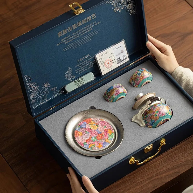 Royal Silver-Plated Enameled Ceramic Tea Set — Gift Box