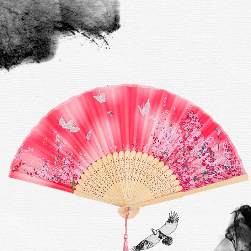 Silk & Bamboo Floral Folding Fan – Oriental Hand Fan for Ritual, Gifting & Decor
