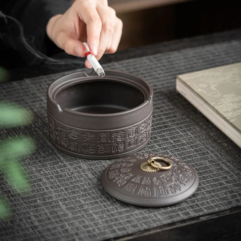 Classical Purple Clay Ashtray with Cover, Two Styles