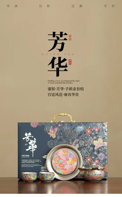 Royal Silver-Plated Enameled Ceramic Tea Set — Gift Box