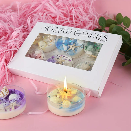 6 Piece Seashell Themed Scented Candle Gift Set with Pearl and Glitter Accents