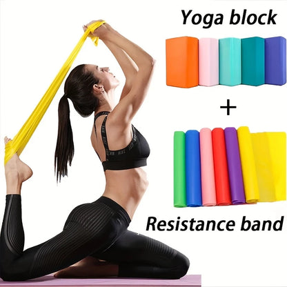 3PCS includes 2 yoga Blocks 1 resistance bands. High-density EVA mats, TPE stretch bands. for beginner yoga, stretching exercise