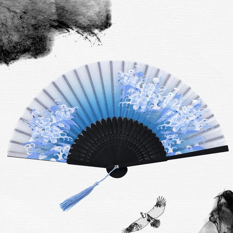 Silk & Bamboo Floral Folding Fan – Oriental Hand Fan for Ritual, Gifting & Decor