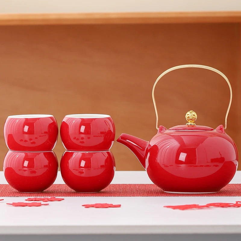 Red Ceramic Teaware Suit Chinese Handmade