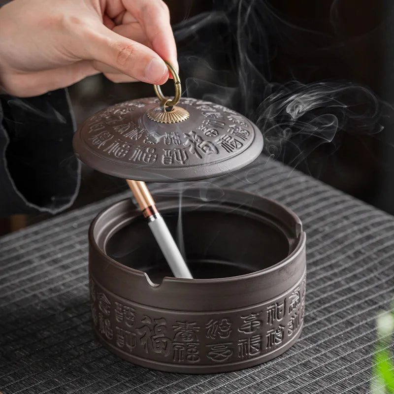 Classical Purple Clay Ashtray with Cover, Two Styles