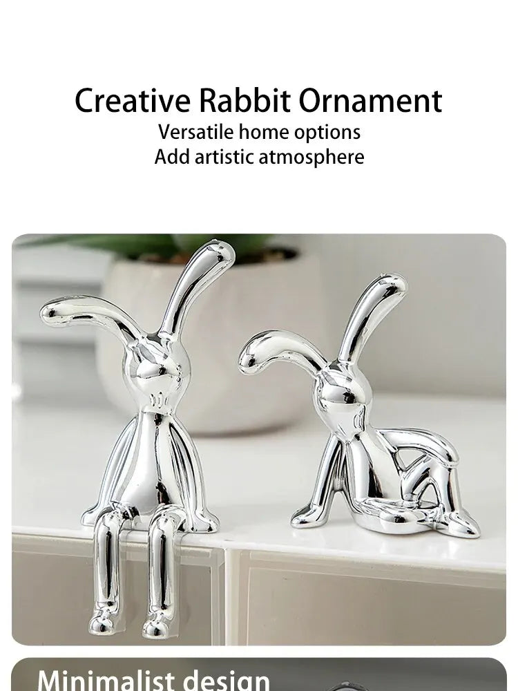 Silver Chrome Rabbit Duo Figurines – Set of 2 Sculptural Decor Statues