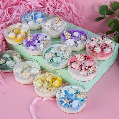6 Piece Seashell Themed Scented Candle Gift Set with Pearl and Glitter Accents
