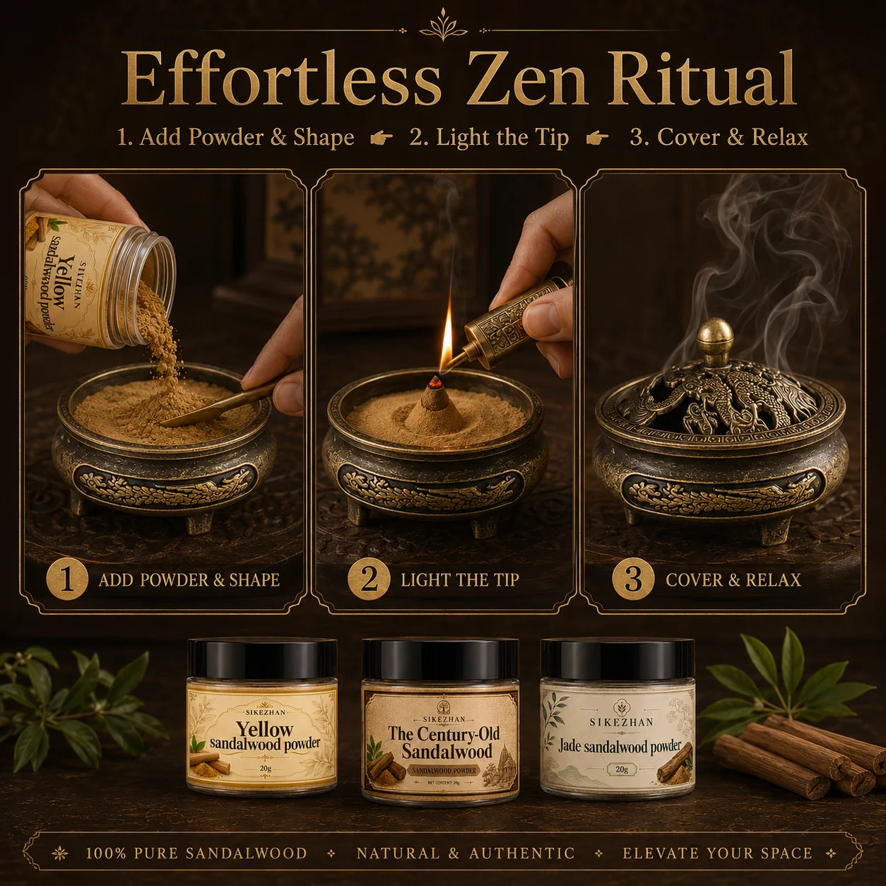 Pure Sandalwood Incense Powder Kit – with Vintage Brass Dragon Censer