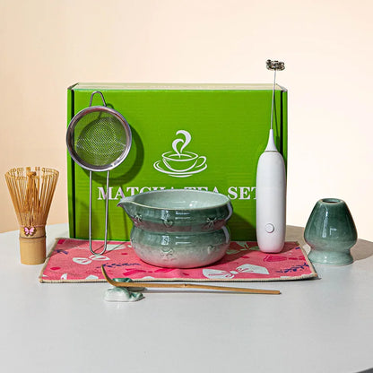 Japanese Matcha Tea Set 8pcs Ceramic Bowl Bamboo Whisk Spoon Electric Brush Complete Matcha Starter Kit for Tea Ceremony