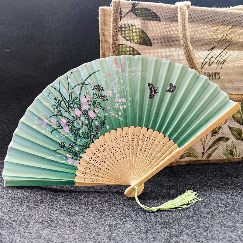 Silk & Bamboo Floral Folding Fan – Oriental Hand Fan for Ritual, Gifting & Decor