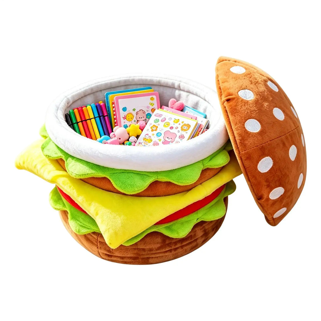 Hamburger Storage Ottoman Stool – Cute Flannel Footstool with Lid