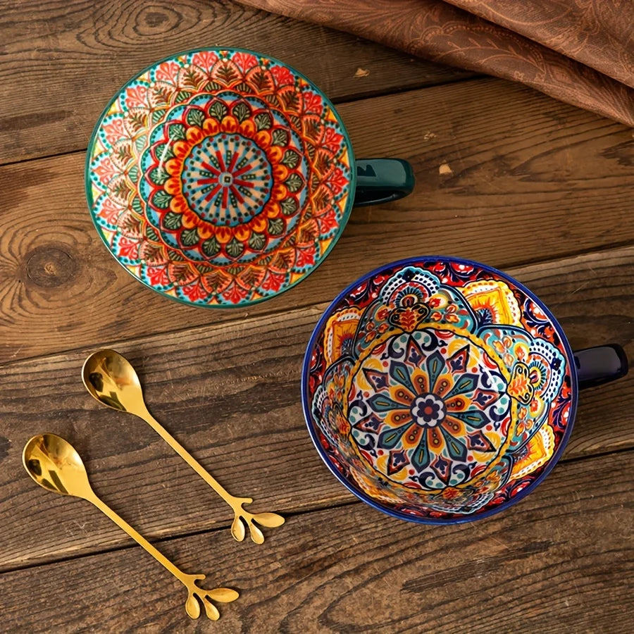 1pc 450ml/15oz Bohemian Ceramic Coffee Mug, Boho Style for Matcha - Your Ritual Hub 