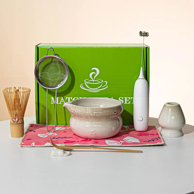 Japanese Matcha Tea Set 8pcs Ceramic Bowl Bamboo Whisk Spoon Electric Brush Complete Matcha Starter Kit for Tea Ceremony
