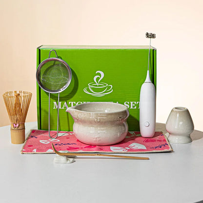 Japanese Matcha Tea Set 8pcs Ceramic Bowl Bamboo Whisk Spoon Electric Brush Complete Matcha Starter Kit for Tea Ceremony