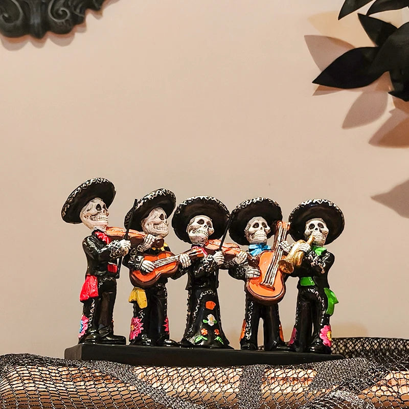 Day of the Dead Skeleton Band Statue — Festive Resin Sculpture