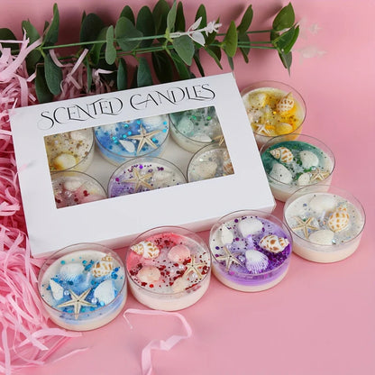 6 Piece Seashell Themed Scented Candle Gift Set with Pearl and Glitter Accents
