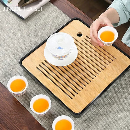 Bamboo Tea Tray with Water Storage & Drainage