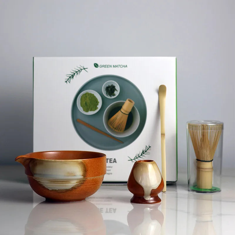 2025 Vintage Matcha Set 4pcs Ceramic Spout Bowl Whisk Bamboo Chasen - Your Ritual Hub 