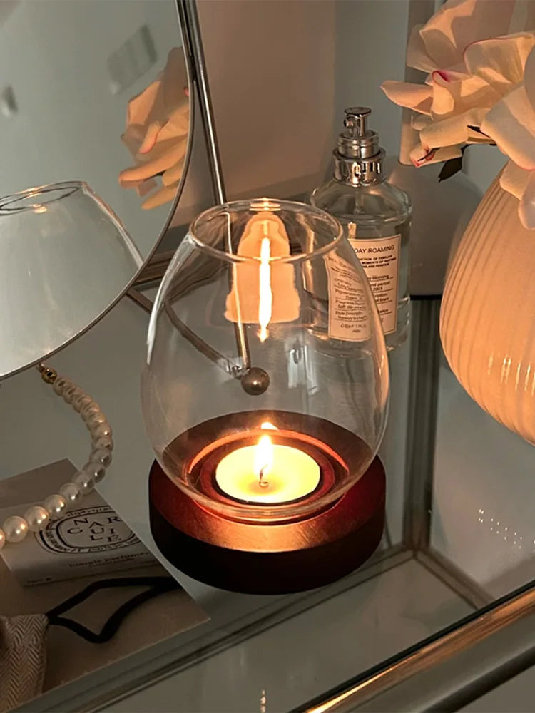 European Style Clear Glass Candle Holder (Wooden Base) Warm Ambient Lighting - Your Ritual Hub 