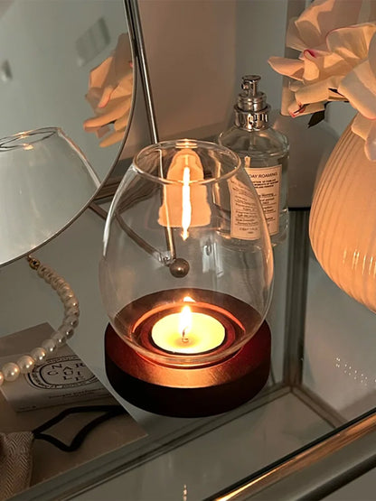 European Style Clear Glass Candle Holder (Wooden Base) Warm Ambient Lighting