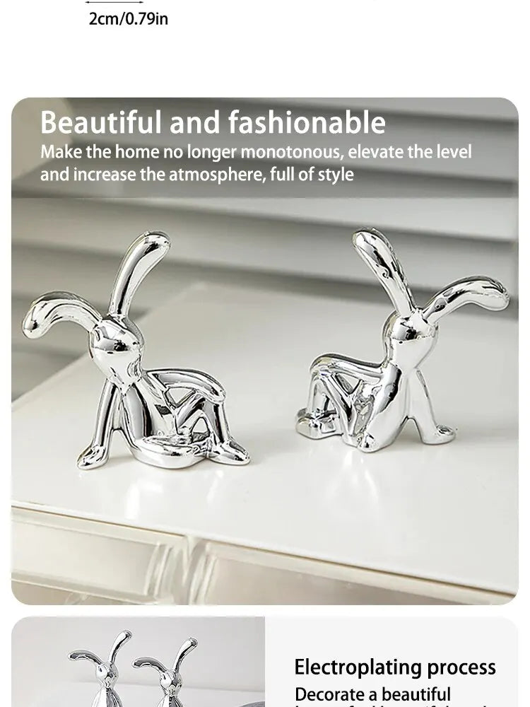 Silver Chrome Rabbit Duo Figurines – Set of 2 Sculptural Decor Statues