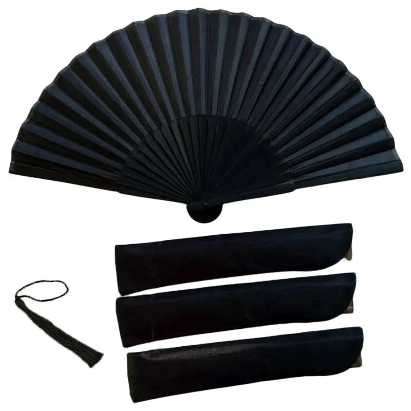 Black Bamboo Folding Fan with Cloth Bag – Vintage Oriental Hand Fan for Ritual & Ceremony