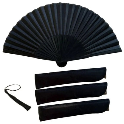 Black Bamboo Folding Fan with Cloth Bag – Vintage Oriental Hand Fan for Ritual & Ceremony
