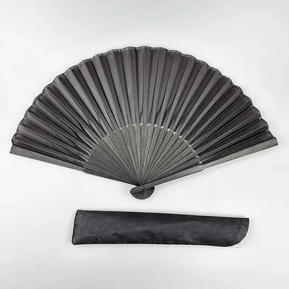 Black Bamboo Folding Fan with Cloth Bag – Vintage Oriental Hand Fan for Ritual & Ceremony