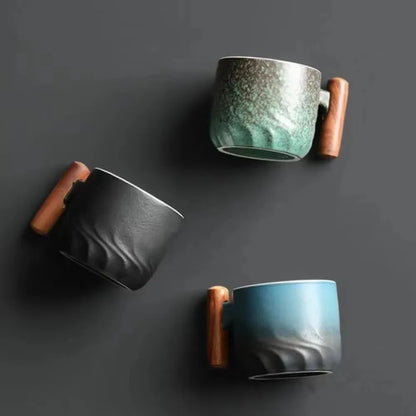 6pcs Set Ceramic Retro Espresso Coffee Cup With Wooden Handle