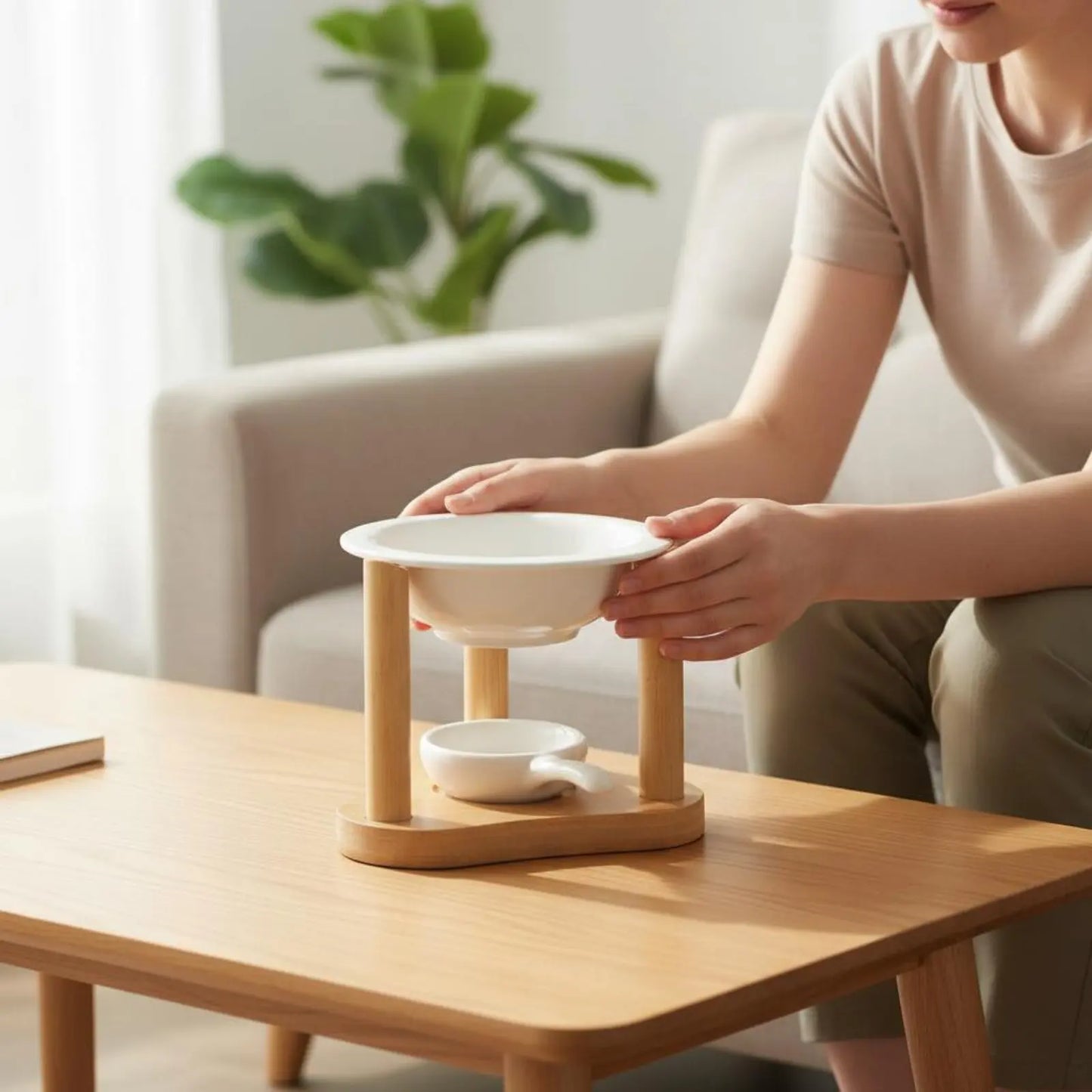 Ceramic Oil Warmer Bamboo Frame Wooden Aroma Lamp
