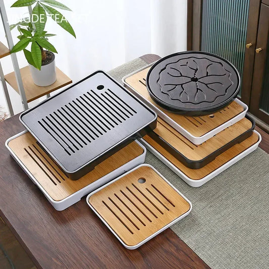 Bamboo Tea Tray with Water Storage & Drainage