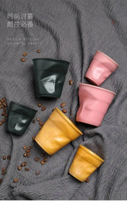 Coarse Pottery Coffee Cup   Hand Kneaded Pleated Cup Ceramic