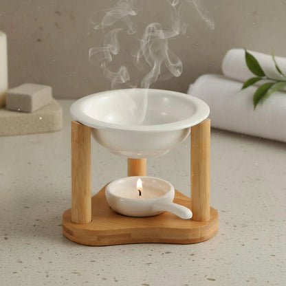 Ceramic Oil Warmer Bamboo Frame Wooden Aroma Lamp