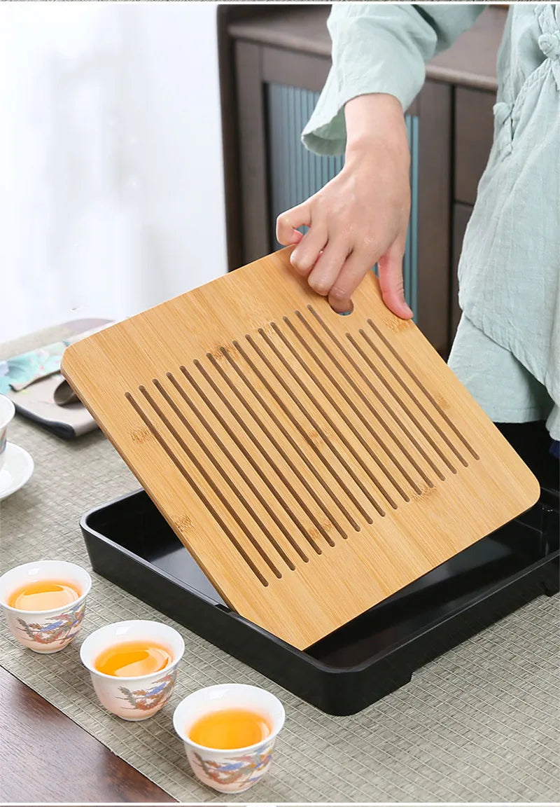 Bamboo Tea Tray with Water Storage & Drainage