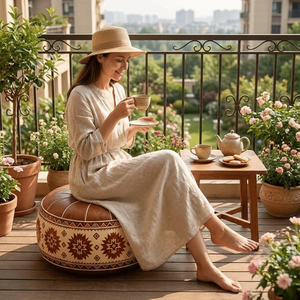 Boho Round Footstool Cover – Waterproof PU Leather Pouf Cover with Geometric Pattern (9 Styles)