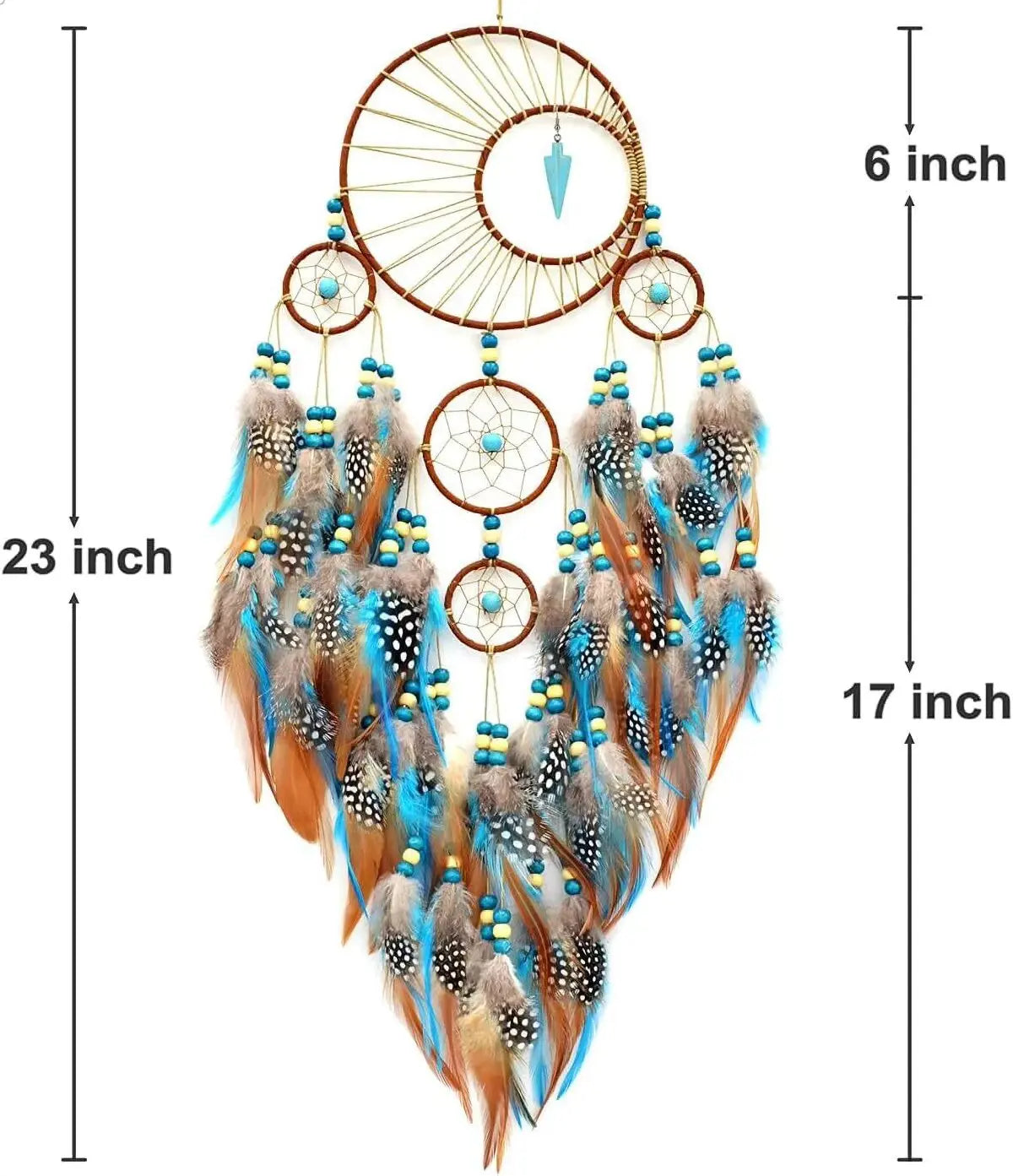 Bohemian Turquoise Dream Catcher, Multi-Circle Handmade Boho Feather Wall Hanging with Arrowhead Pendant for Bedroom Decor