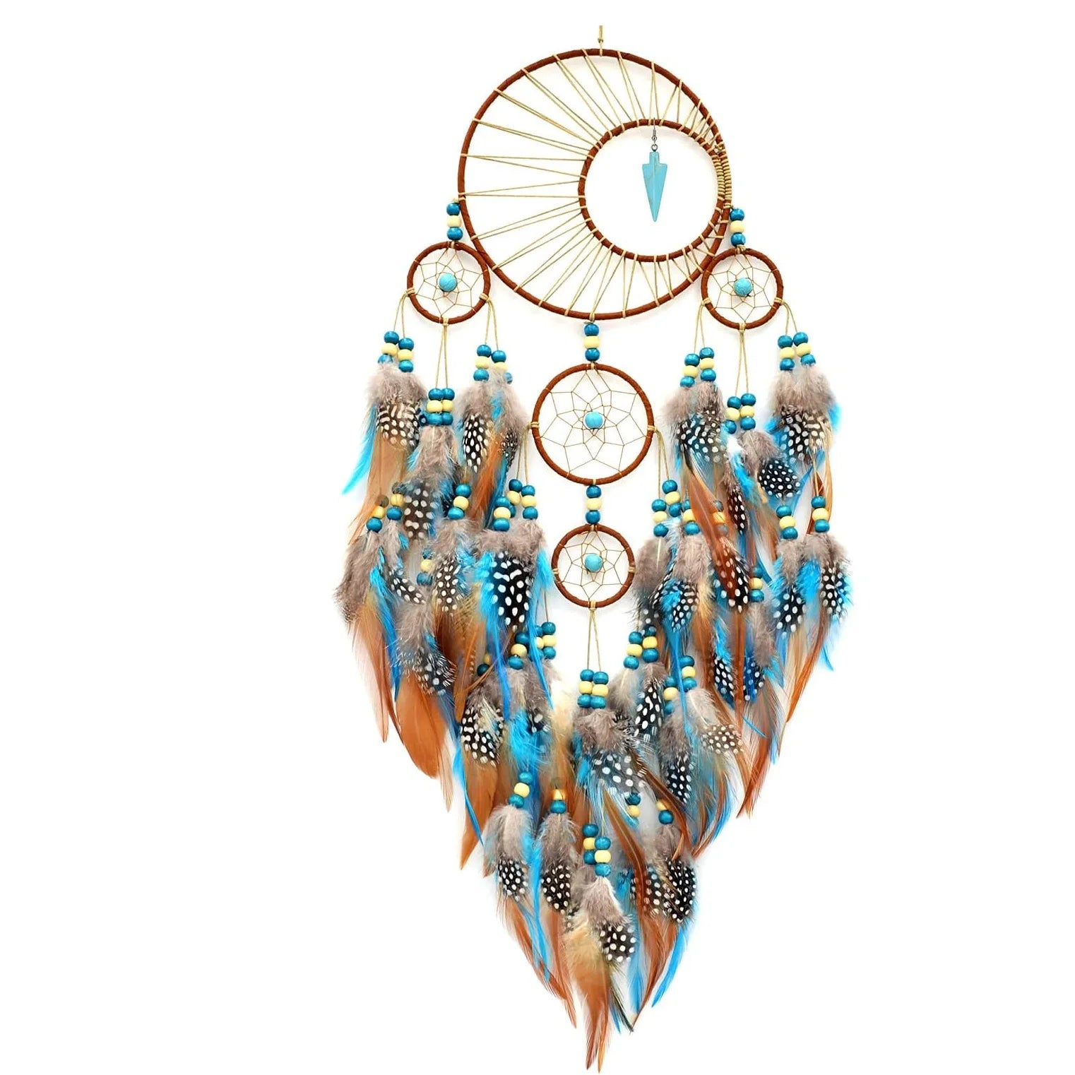 Bohemian Turquoise Dream Catcher, Multi-Circle Handmade Boho Feather Wall Hanging with Arrowhead Pendant for Bedroom Decor