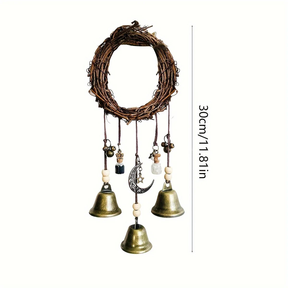 Witch Bell Wreath – Rustic Vine & Brass Bell Door Hanger for Ritual & Witchy Decor