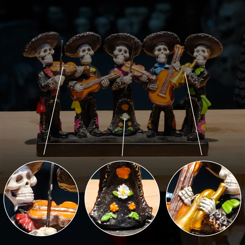 Day of the Dead Skeleton Band Statue — Festive Resin Sculpture
