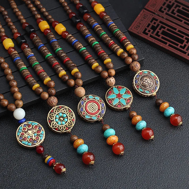 Ethnic Spiritual Long Necklace – Wooden Bead Sweater Chain with Sacred Pendant