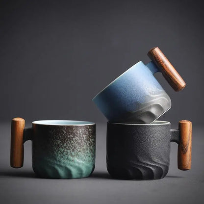 6pcs Set Ceramic Retro Espresso Coffee Cup With Wooden Handle