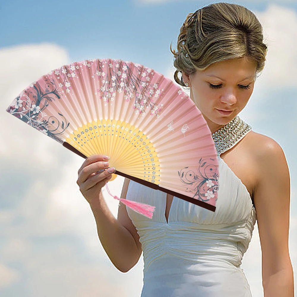 Silk & Bamboo Floral Folding Fan – Oriental Hand Fan for Ritual, Gifting & Decor