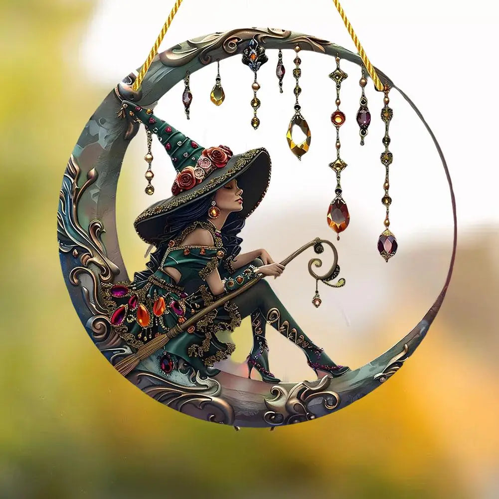 8x8 Inch Charming Moonlight Witch Sun Catcher, Stained Glass Style Acrylic Hanging Ornament for Windows, Doors & Cars
