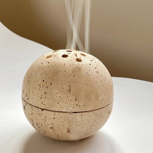 Travertine Marble Incense Burner Textured Spherical Aromatherapy