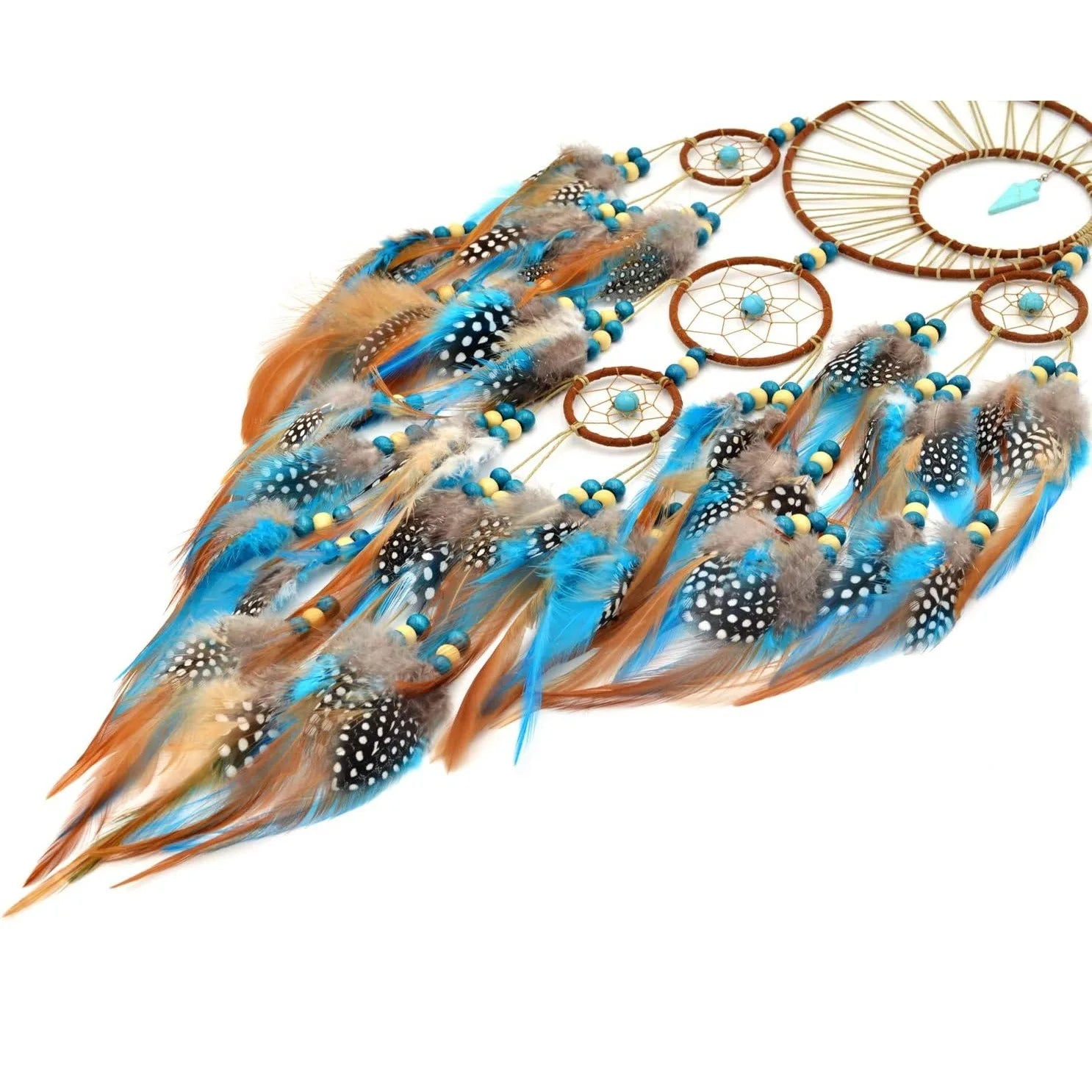 Bohemian Turquoise Dream Catcher, Multi-Circle Handmade Boho Feather Wall Hanging with Arrowhead Pendant for Bedroom Decor